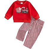 DSOKUHIB Toddler Baby Girl Boy Valentines Outfit Heart Embroidered Long Sleeve Sweatshirt Plaid Pants Set 2Pcs Clothes