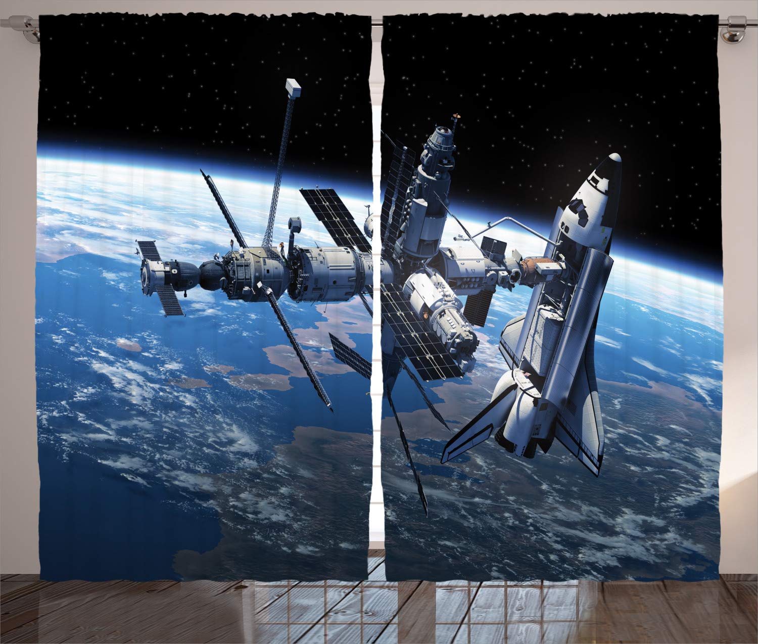ABAKUHAUS Outer Space Curtains, Space Shuttle and Station View Cosmonaut Adventure on Myst Globe Orbit Off, Living Room Bedroom Window Drapes 2 Panel Set, 69 L X 110 W, Blue Grey Black
