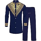ZSJR Mens African 2 Piece Set Metallic Traditional Suit Gold Stamp Printed African Dashiki Shirt and Pants Outfit