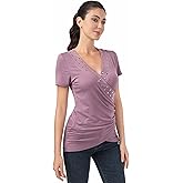 AmélieBoutik Women Deep V Neck Cross Wrap Top Slim Fitted Stud Trim Short Sleeve Blouse Top