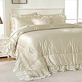 Bedbay Satin Comforter Set Queen Size with Sheets,Beige Ruffled Bed Comforter 8 Pcs,Silky Satin Bed Sheets Queen Bed in a Bag Sets,Silk Like Satin Luxury Silky Bed Set with 1 Cushion Cover