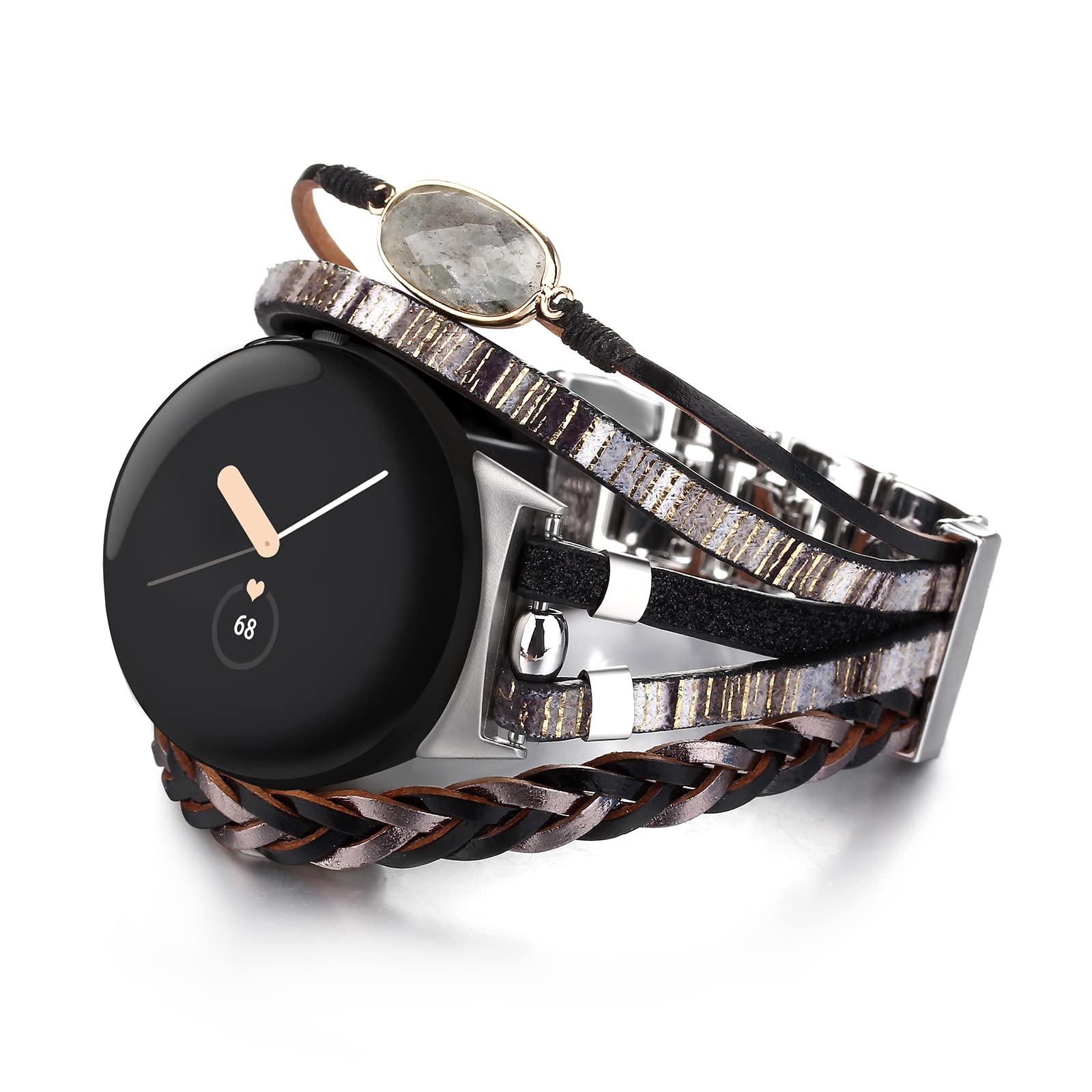 CHARMINGO Posh Leather Band Compatible with Google Pixel Watch Band, Boho Bracelets Jewelry Multilayer Wrap Strap for Google Pixel Watch 2022, Black