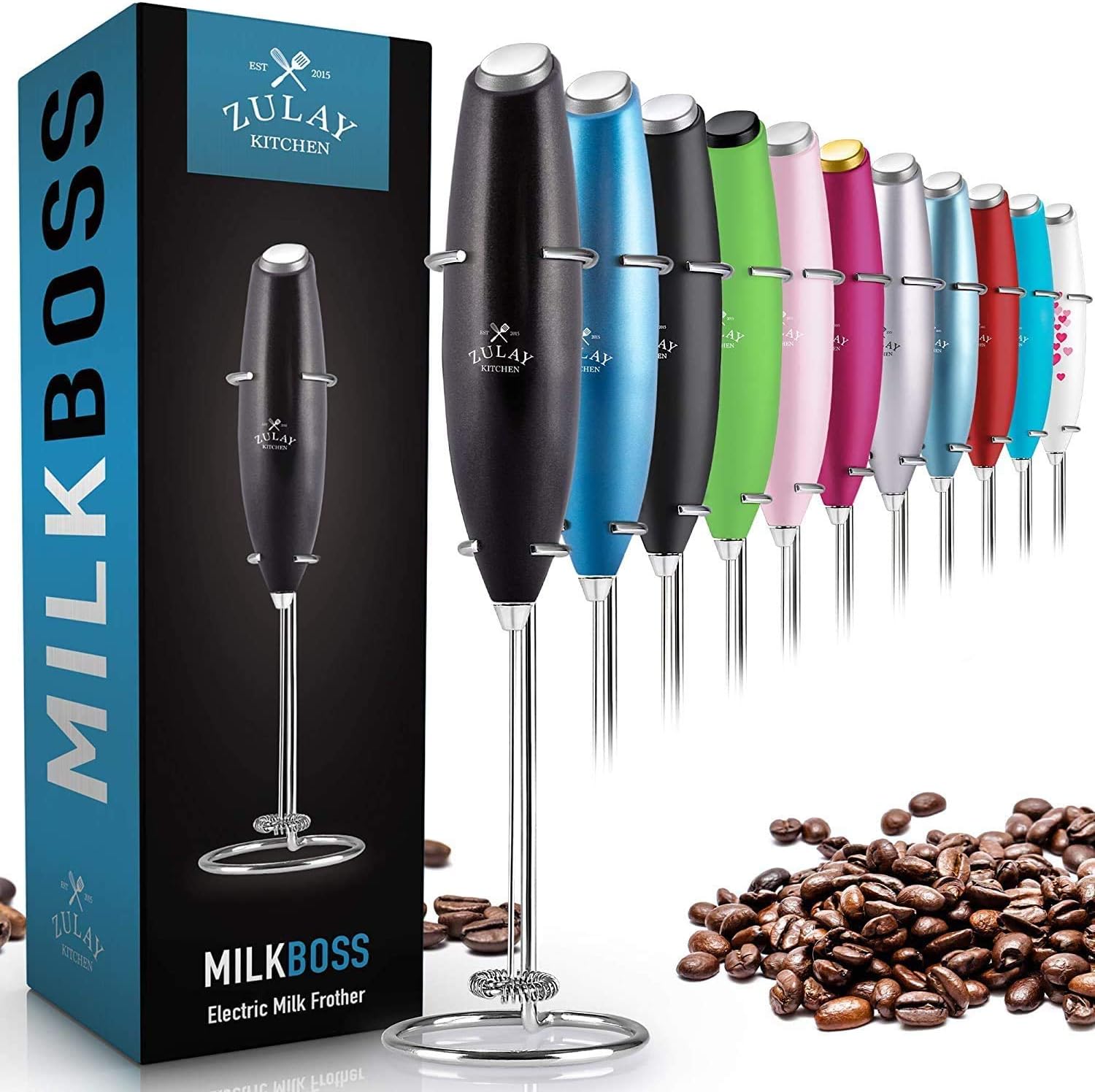 Zulay Original Milk Frother Handheld Foam Maker for Lattes - Whisk Drink Mixer for Coffee, Mini Foamer for Cappuccino, Frappe, Matcha, Hot Chocolate by Milk Boss (Black): Kitchen & Dining