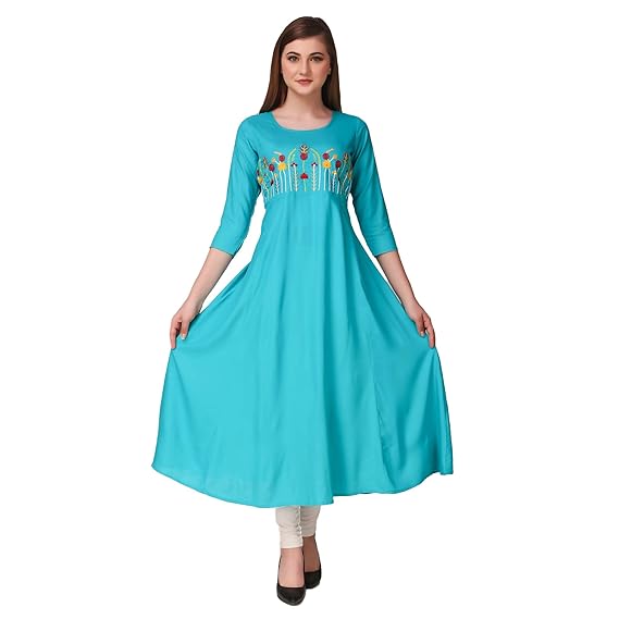 Women's Rayon Solid Embroidered A-Line Kurta