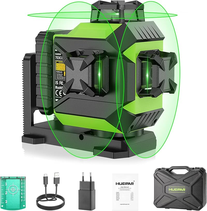 Huepar 3D Laser Level Green 360° Self-Leveling 12 Lines Rechargeable Li-ion