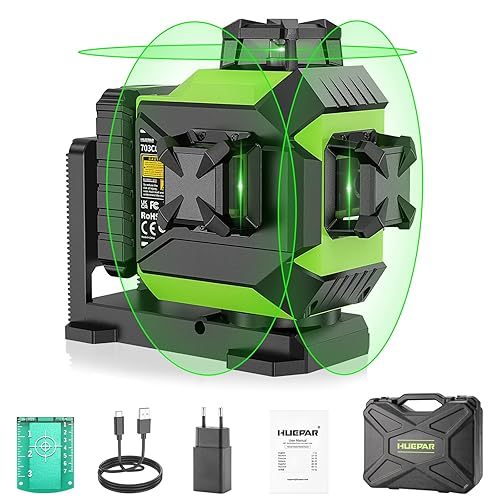 Huepar 3 x 360° Laser Level Green 3D Self-Leveling Cross 12 Lines Lazer Level Three-Plane Leveling and Alignment Laser Tool, Rechargeable Li-ion Battery with Type-C Charging Port & Hard Carry Case