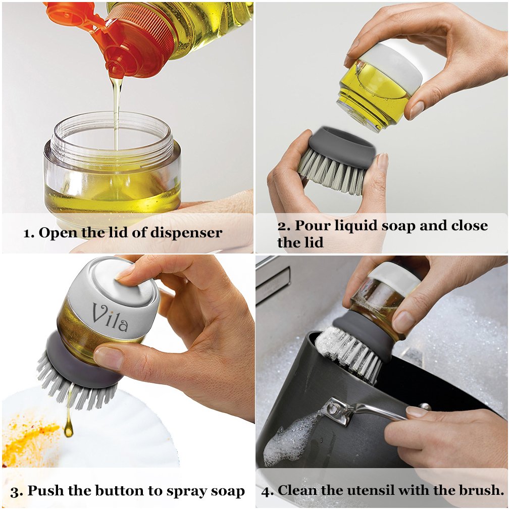 Soap Dispensing Palm Brush by Vila – Tough on Scrubbing Grease Away - Keeps Your Kitchen Counter Tidy - Makes Dishwashing an Enjoyable, Relaxing Chore - Comfortable & Stress-Free dishwashing