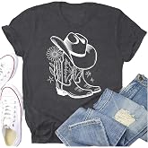 Potia Women Western Shirt Cowgirl Hat Boots Shirts Country Music Tee Tops | Western cowgirl shirt,country music themed shirts,hat boots pink bow print tees for country concert,rodeo show,western trip.