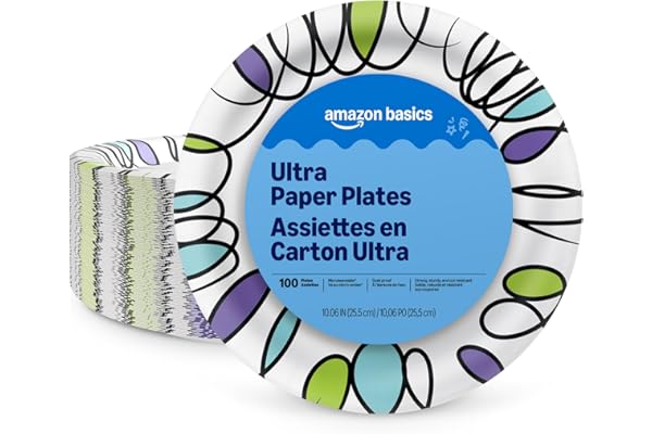 Amazon Basics Ultra Paper Plates, 10 Inch, Disposable, 100 Count, Packaging May Vary
