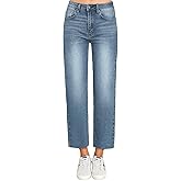 KDF Cropped Straight Leg Jeans for Women - High Waisted Jeans for Women 7/8 Length Light Blue Jeans Denim Pants with Crop Hem Size 16
