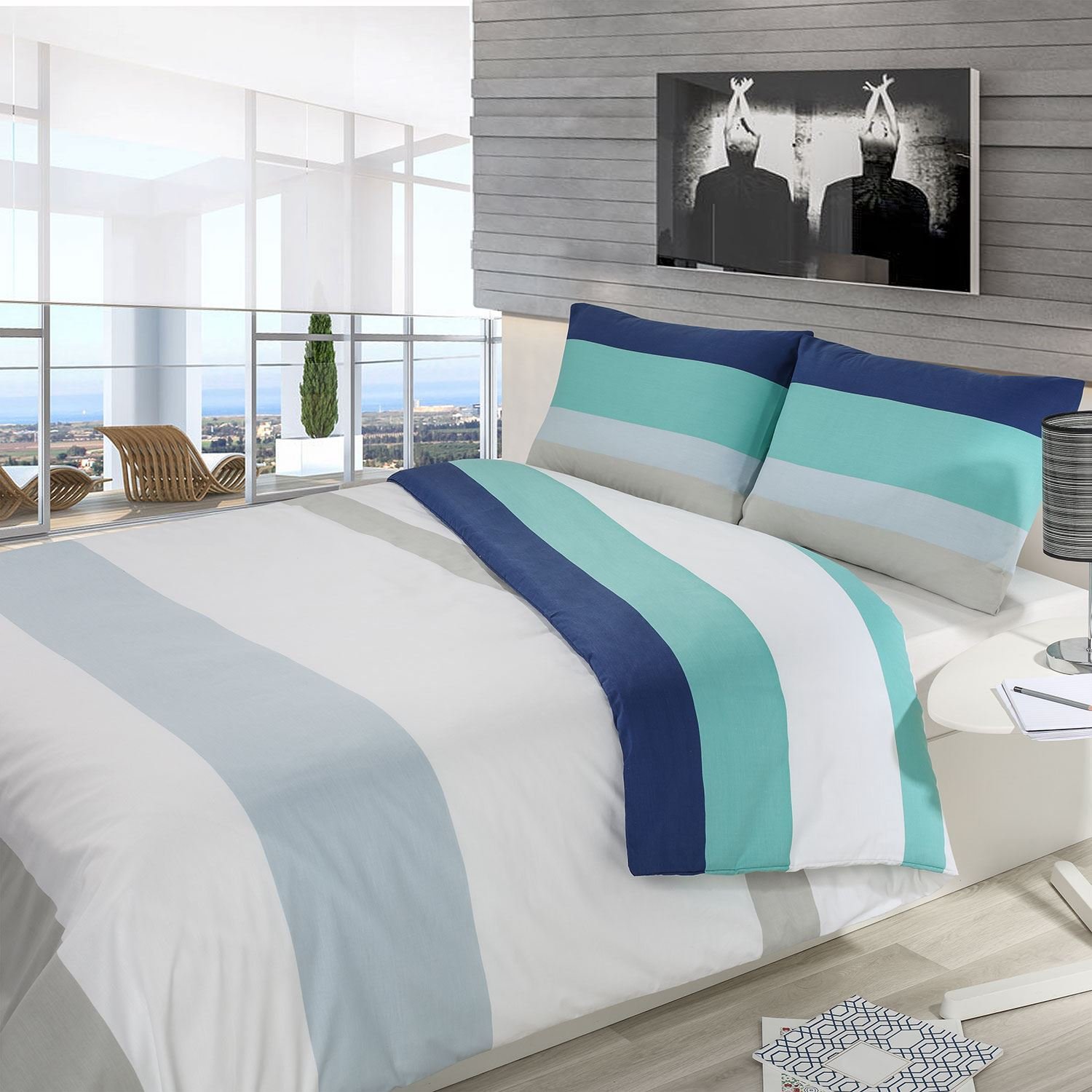 Homescapes Reversible Blue Striped Single Duvet Cover Set
