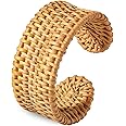 HSWE Rattan Bracelet Handmade Lightweight Straw Wicker Braid Cuff Bangle Bracelet Statement Adjustable Bohemian Rattan Woven Chunky Bracelets for Summer Wrist Jewelry