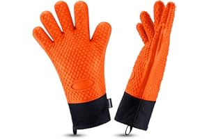 Comsmart BBQ Gloves, Heat Resistant Silicone Grilling Gloves, Long Waterproof BBQ Kitchen Oven Mitts with Inner Cotton Layer for Barbecue, Cooking, Baking, Smoker(Orange)