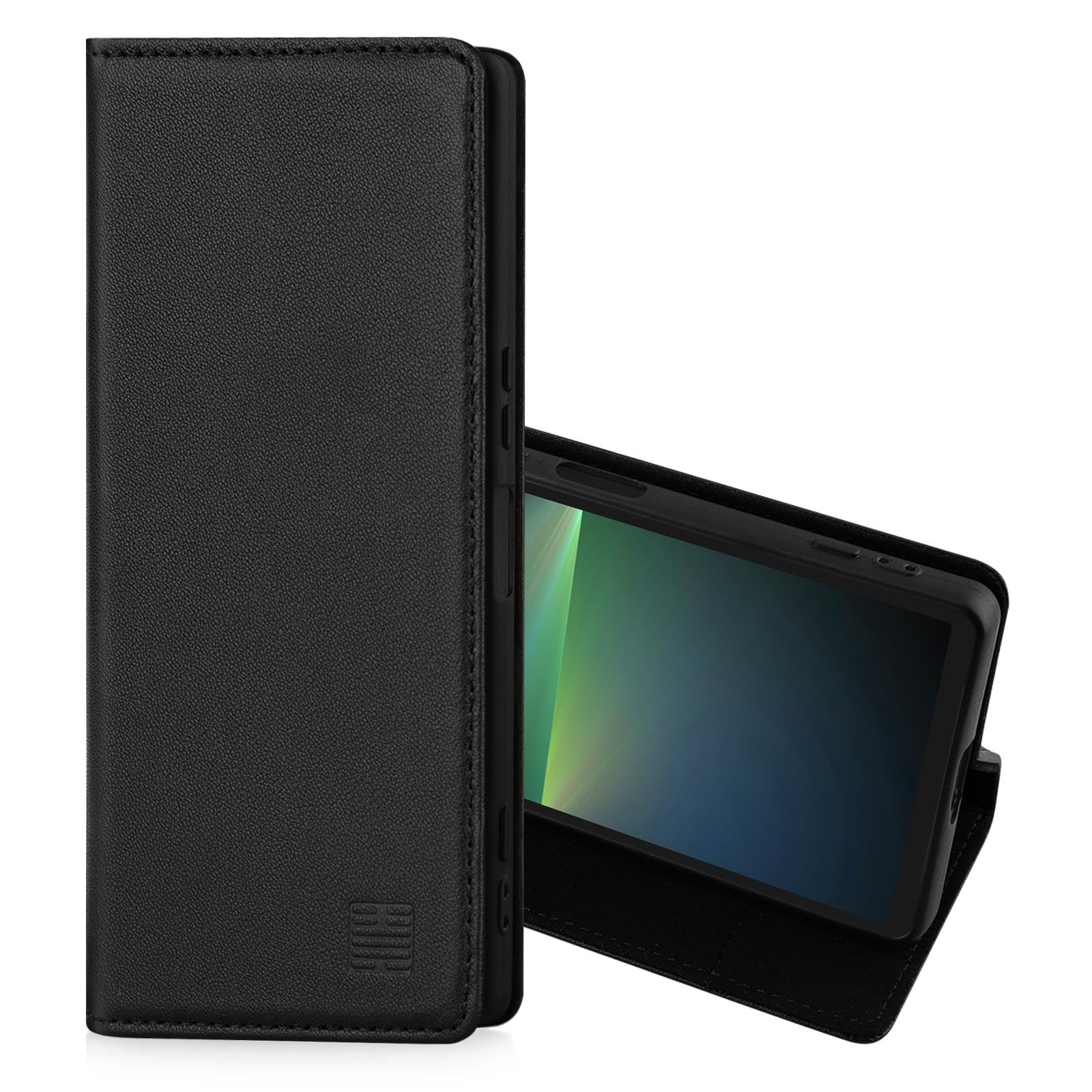 32nd Classic Series 2.0 - Real Leather Book Wallet Flip Case Cover For Sony Xperia 5 V (2023), With RFID Blocking Card Slot, Magnetic Closure and Built In Stand - Black
