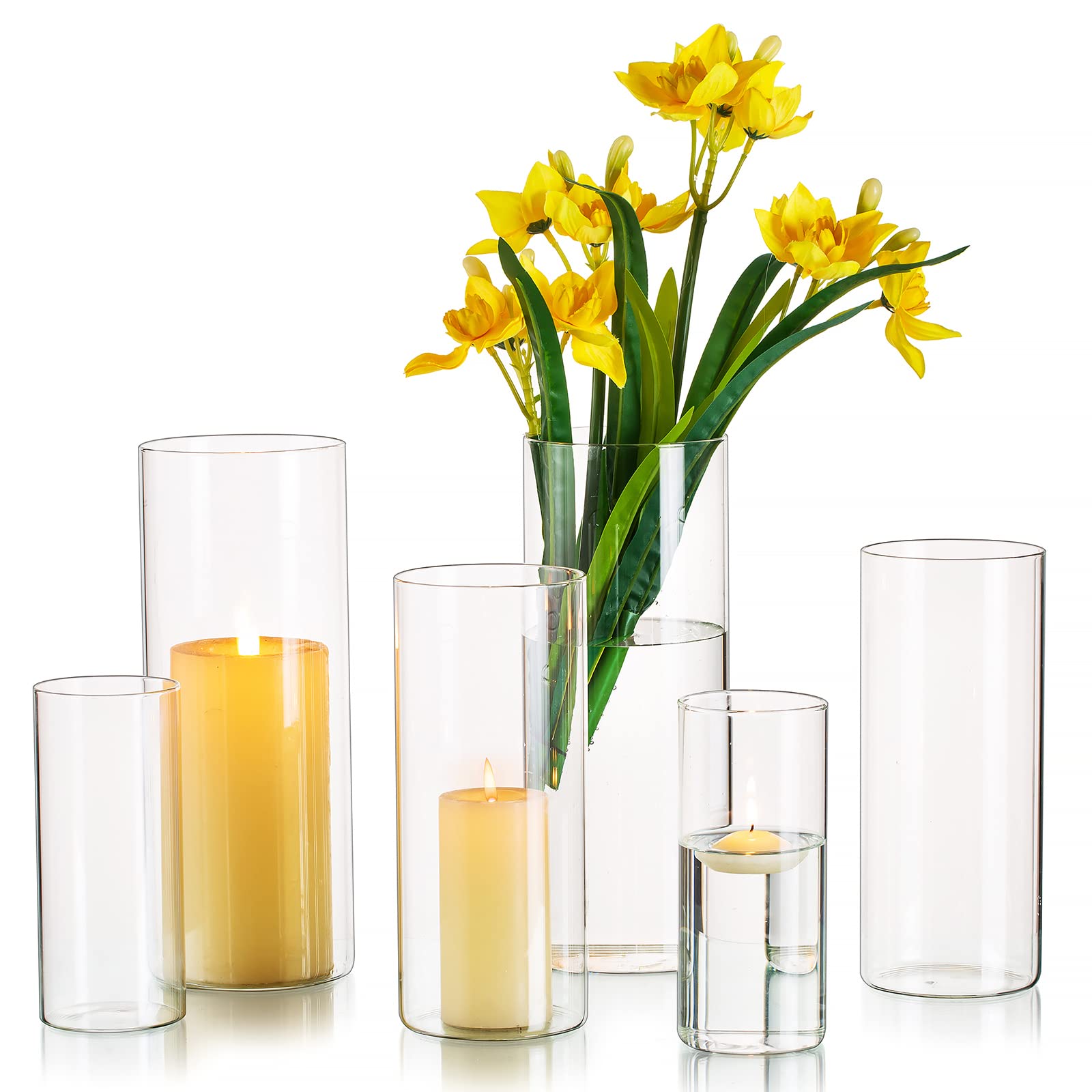 Hewory Glass Vase for Flowers, 6Pcs Clear Cylinder Flower Vases for Living Room, Glass Flower Vase for Table Centrepiece for Dining Room Home Decor, Hurricane Candle Holders for Wedding, 10/15/20 cm
