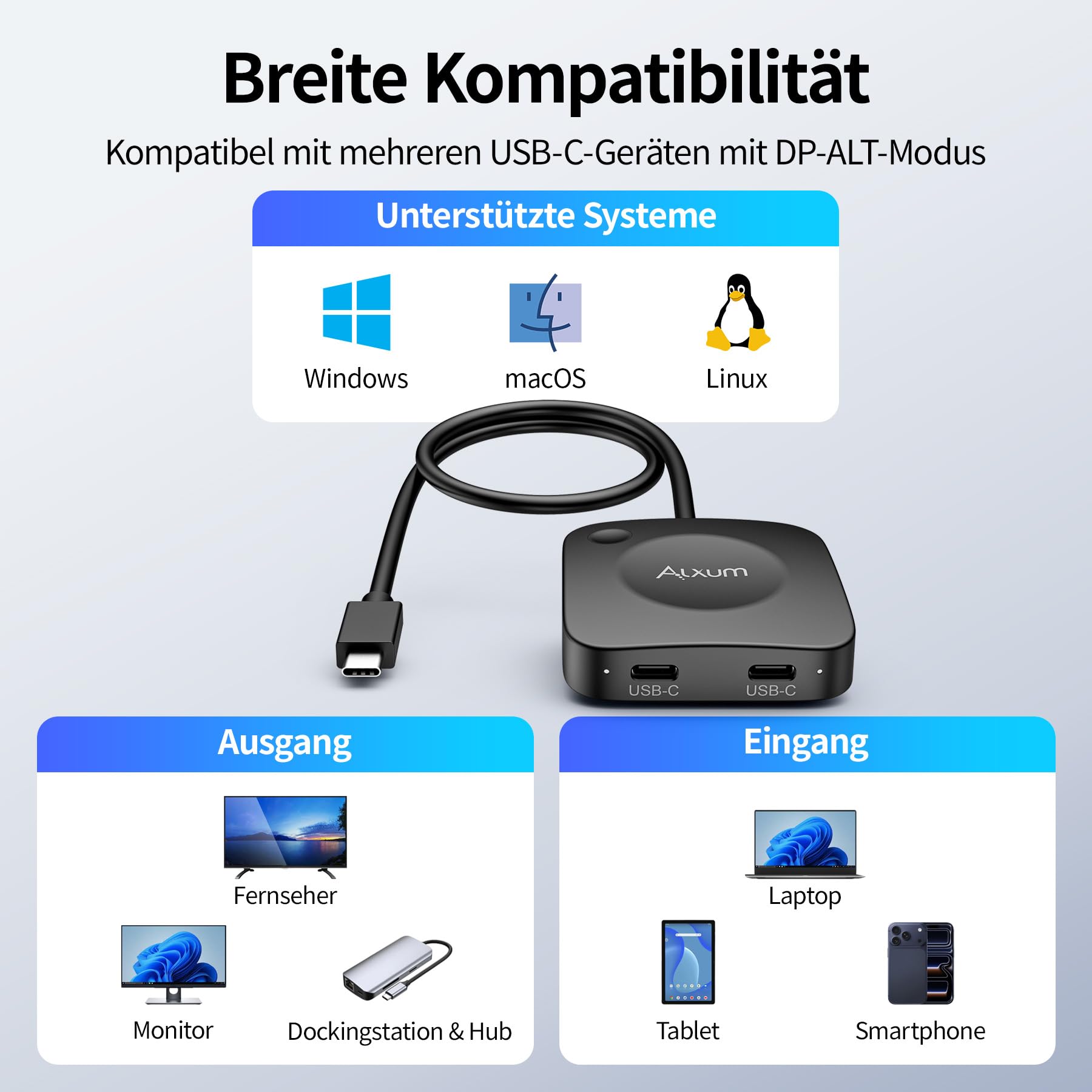 Alxum 20Gbps USB-C Switch für 2 Computer, 2 in 1 Out, 8K@30Hz / 4K@144Hz Video, 140W PD Ladefunktion, USB4 Daten, mit Fernbedienung und LED-Anzeige, USB Umschalter für Laptop, Monitor, Dockingstation 9