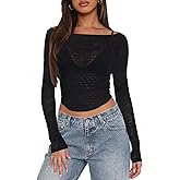 Women's Mesh Sheer Long Sleeve Top for Women Sexy Boat Neck Going Out Tops Casual Club Party See Through Tee Shirts