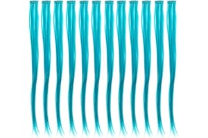 SWACC 12 Pcs Straight One Color Party Highlights Clip on in Hair Extensions Colored Hair Streak Synthetic Hairpieces (Teal Blue)