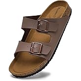 Torotto Genuine Leather Mens Slides with Cork Footbed Open Toe Adjustable Webbing Flat Sandals for Walking | Beach | Indoor(Leather/Brown-45)