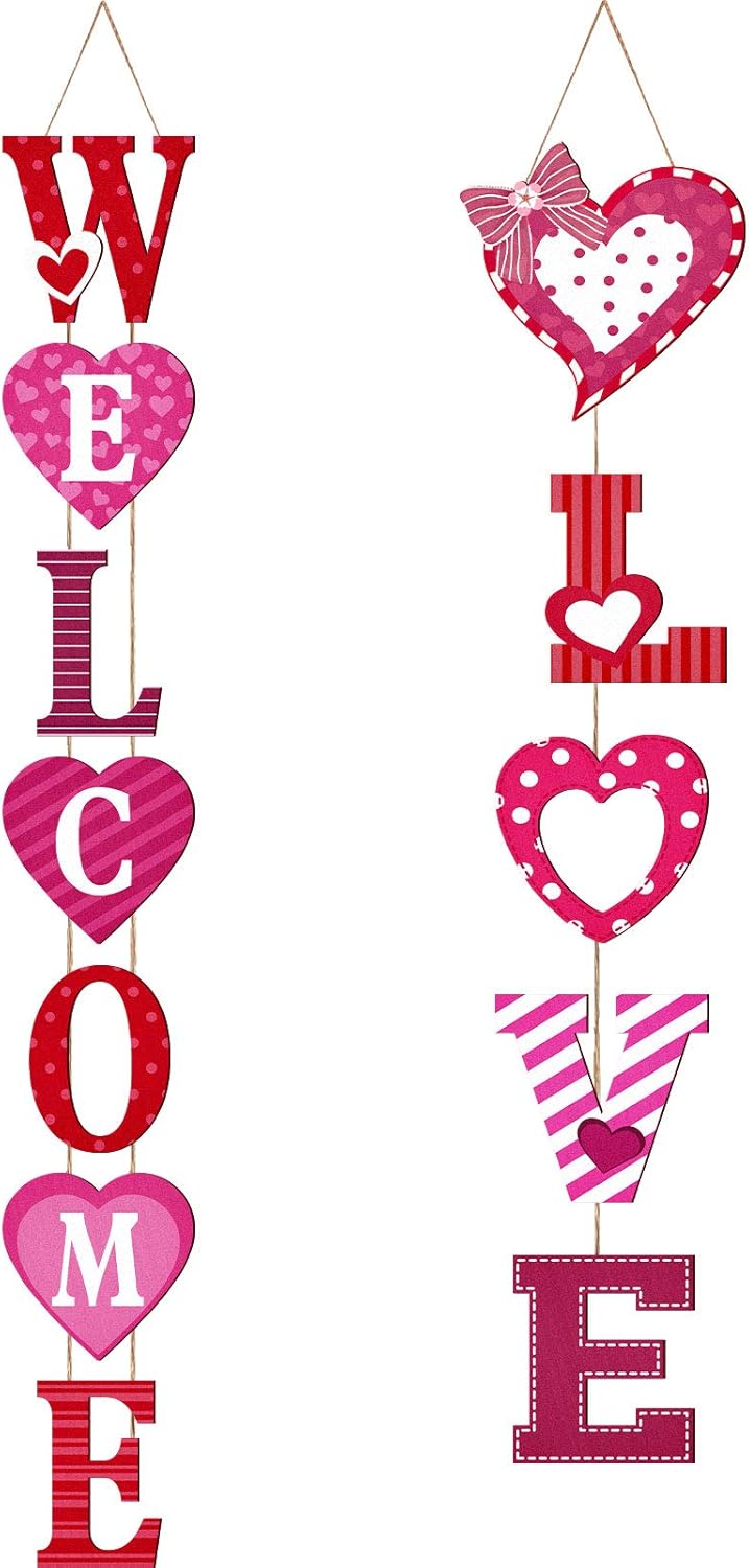 Jetec 2 Pieces Valentine's Day Hanging Signs Welcome Love Hanging Wooden Signs Valentine Heart Wood Porch Signs Vertical Wall Door Sign Decoration for Valentine's Day Party Home Decor