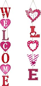 Jetec 2 Pieces Valentine's Day Hanging Signs Welcome Love Hanging Wooden Signs Valentine Heart Wood Porch Signs Vertical Wall Door Sign Decoration for Valentine's Day Party Home Decor
