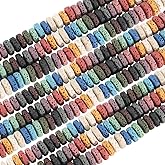 PONABEADIY 1 Box 4 Strands Colored Lava Stone Beads with Holes Natural Volcanic Rock Flat Round Oil Essential Diffuser Chakra Gemstone Spacer Bead for Jewelry Making Bracelet Necklace Diy Craft Supply