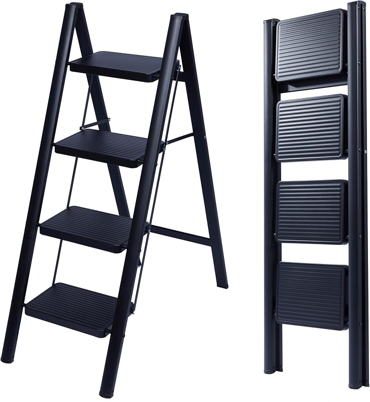 Escabeau Pliable 4 Marches, Échelle de Sécurité avec Pieds Antidérapants, Tabouret de Step Idéal pour Maison, Cuisine, Bureau, Ladders Design Compact et Durable (Noir, 4 Marches)