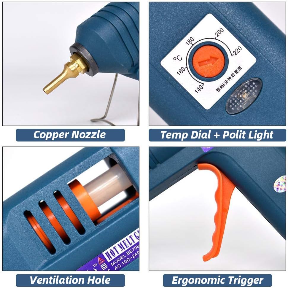 Craft Glue Gun Set, 150 Watts with 3 Copper Nozzles Temperature Adjustable DIY Repair Tool Professional Melting Glue Gun Include tweezer, Knife, Wrench, Finger Tips, Silicone mat and 5 Glue Sticks