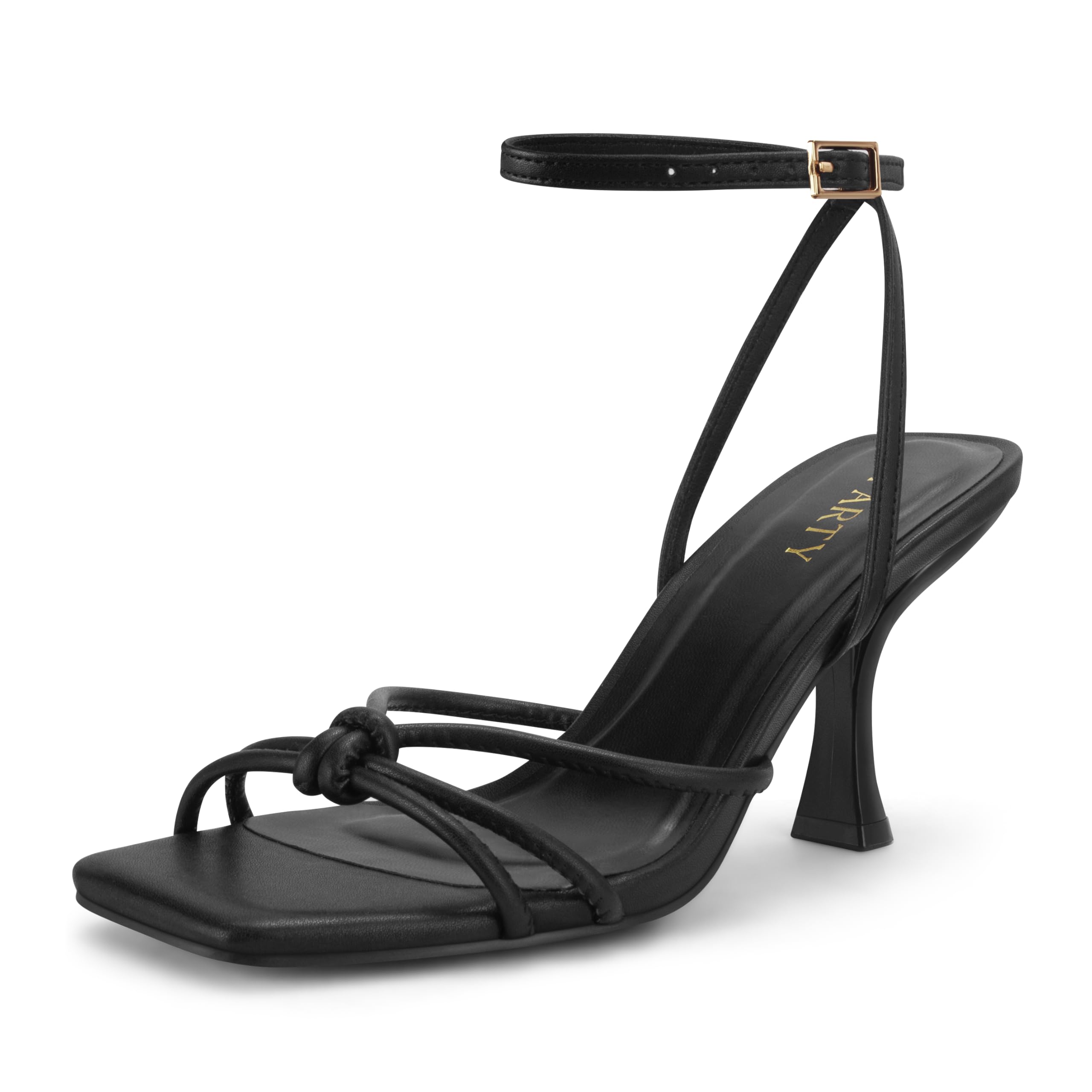 Photo 1 of PARTY Women's Square Open Toe Strappy Heeled Sandals 3 inch Stiletto Kitten Heel with Ankle Buckle Strap, Comfortable Slingback Summer Dress Shoes,Black Pu,7