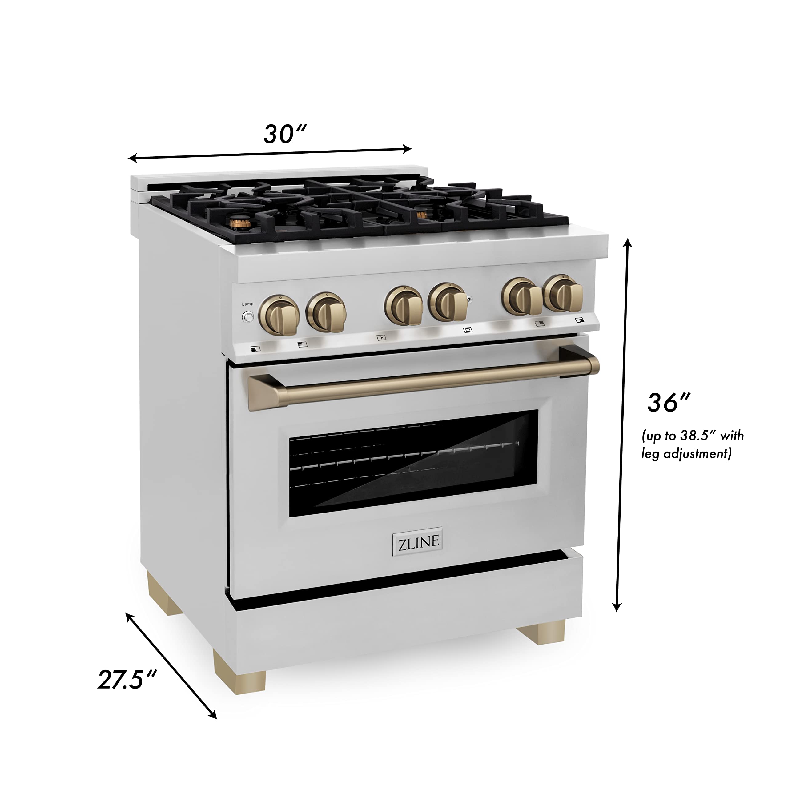 ZLINE Autograph Edition 30 in. 4.0 cu. ft. Legacy Dual Fuel Range with 4 Burner Gas Cooktop and Electric Convection Oven in Stainless Steel and Champagne Bronze Accents (RAZ-30-CB)