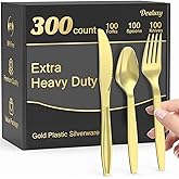 Dealusy 300 Count Extra Heavy Duty Gold Plastic Silverware, 100 Forks, 100 Spoons, 100 Knives, BPA-Free, Heat Resistant, Disposable Plastic Utensils Set, Plastic Cutlery Set, Plasticware Bulk