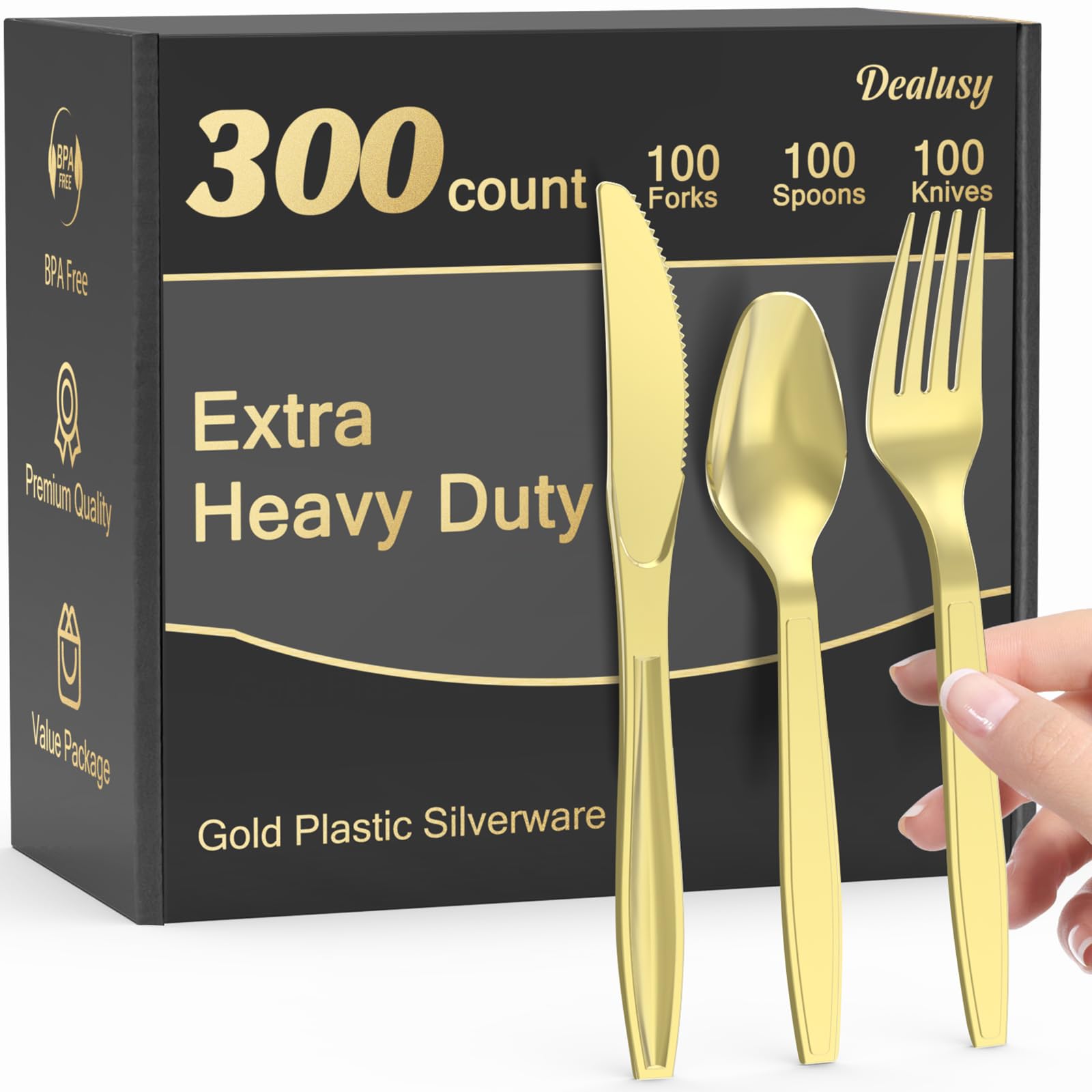 Photo 1 of Dealusy 300 Count Extra Heavy Duty Gold Plastic Silverware, 100 Forks, 100 Spoons, 100 Knives, BPA-Free, Heat Resistant, Disposable Plastic Utensils Set, Plastic Cutlery Set, Plasticware Bulk
