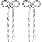 Silver Rhinestone Bow Earrings, Rhinestone Long Tassel Earrings, Ribbon Waterfall Dangling Earrings, Sparkly Elegant Bowknot Crystal Jewelry, Prom Wedding Party Gifts for Women