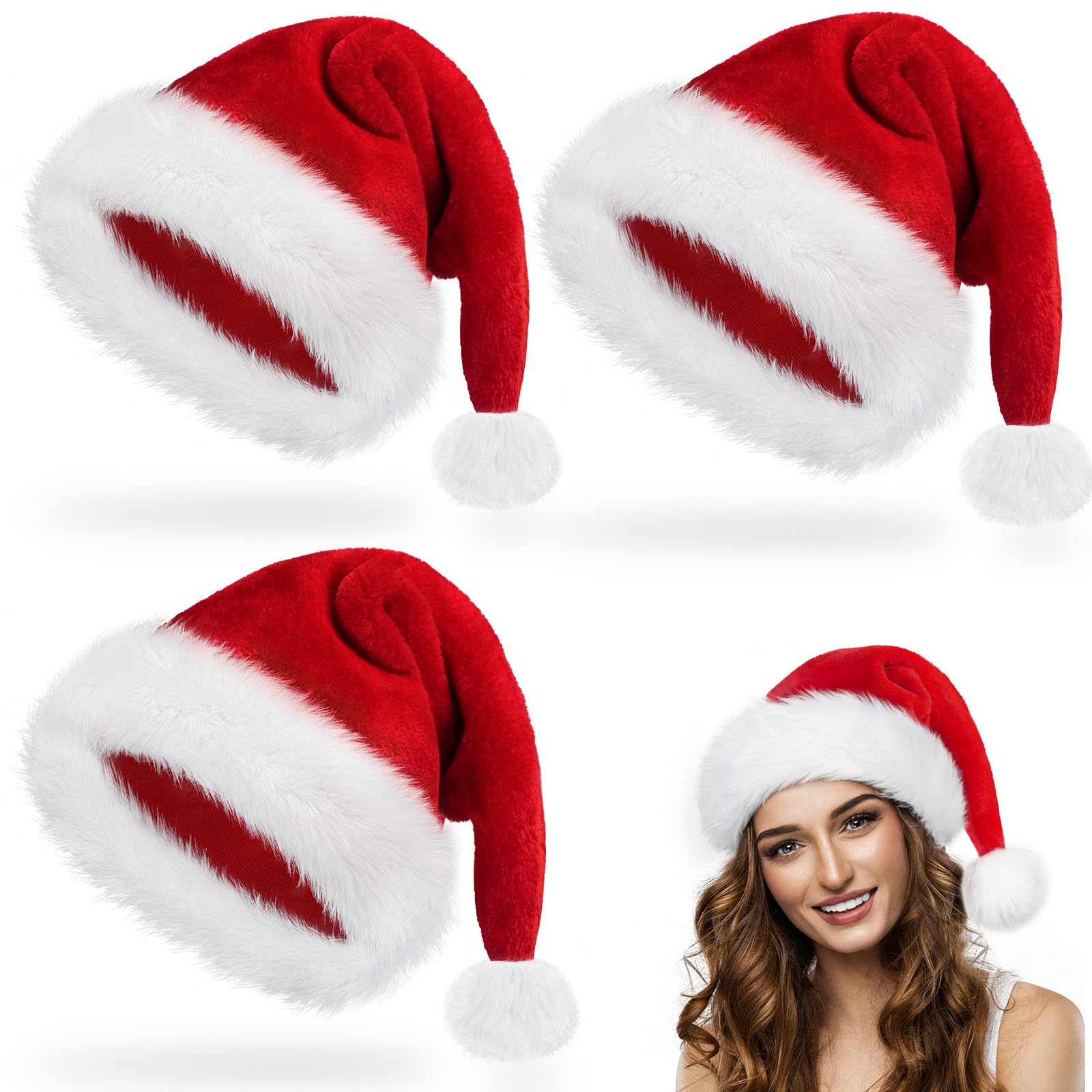 3 PCS Santa Christmas Hats for Adults Bulk, Luxury Father Christmas Hats Plush Xmas Santa Claus Hat, Velvet Comfy Santa Outfit for New Year Festive Party Supply, Thicken Classic Fur Decorations