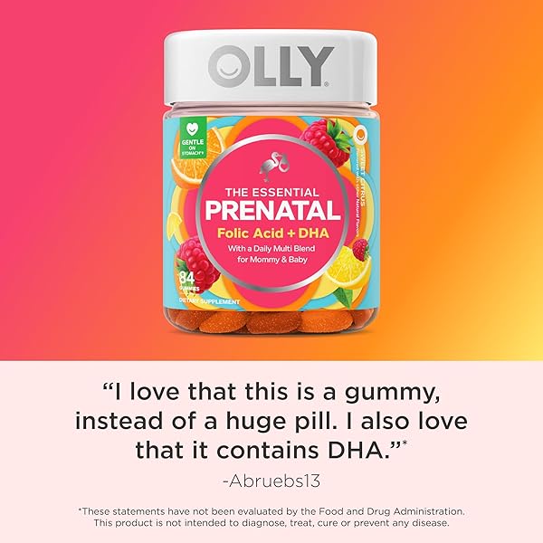 OLLY ESSENTIAL PRENATAL GUMMY MULTIVITAMIN, FOLIC ACID, VITAMIN D, OMEGA 3 DHA, SUPPORTS HEALTHY GROWTH AND BRAIN DEVELOPMENT, CITRUS BERRY – 84 COUNT