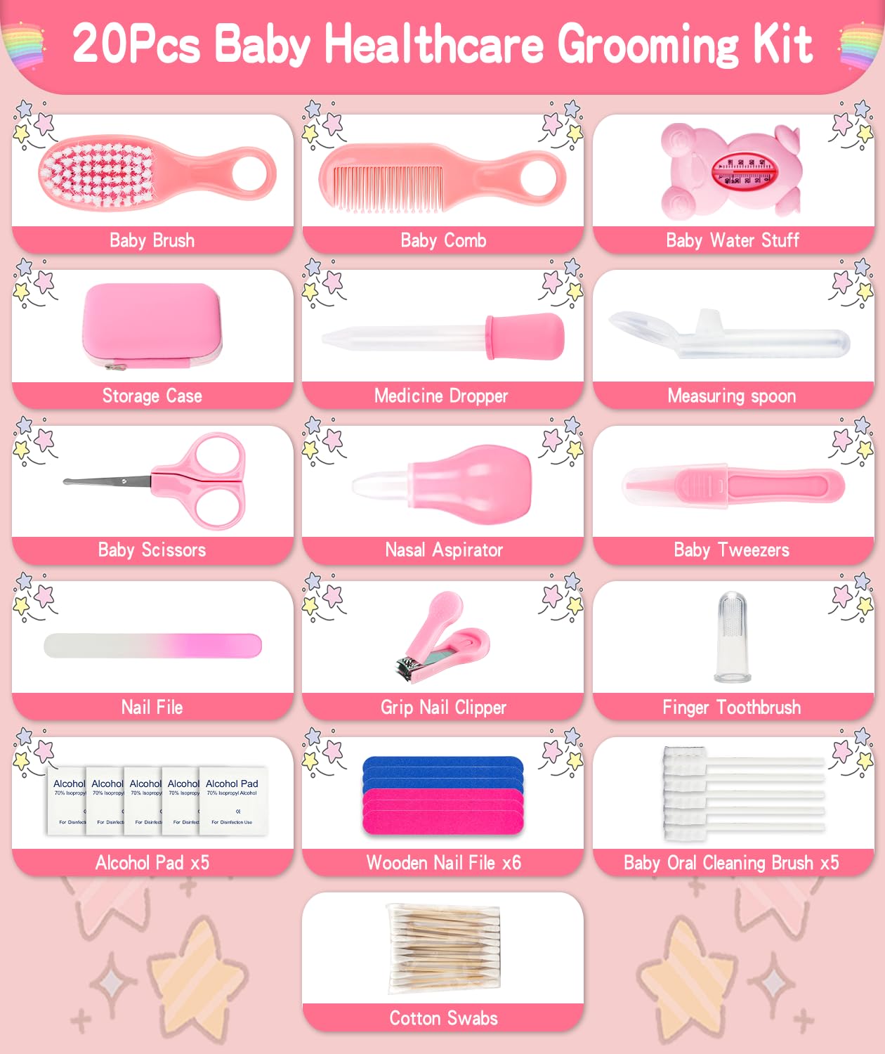 Baby Grooming and Healthcare Kit, Portable Baby Safety Care Set with Hair Brush Comb Nail Clipper Nasal Aspirator for Nursery Newborn Infant Girl Boy (25 in 1 Pink)