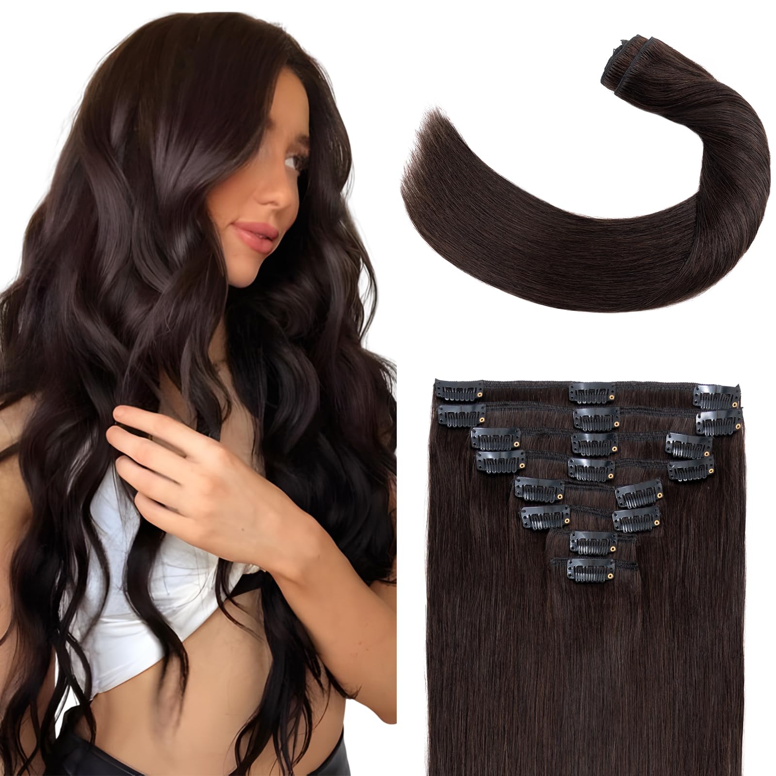Elailite Human Hair Extensions Clip in Real Remy Natural Hair - 8 Pieces Standard Weft Full Head Straight - #2 Dark Brown - 24 Inch (120 g)