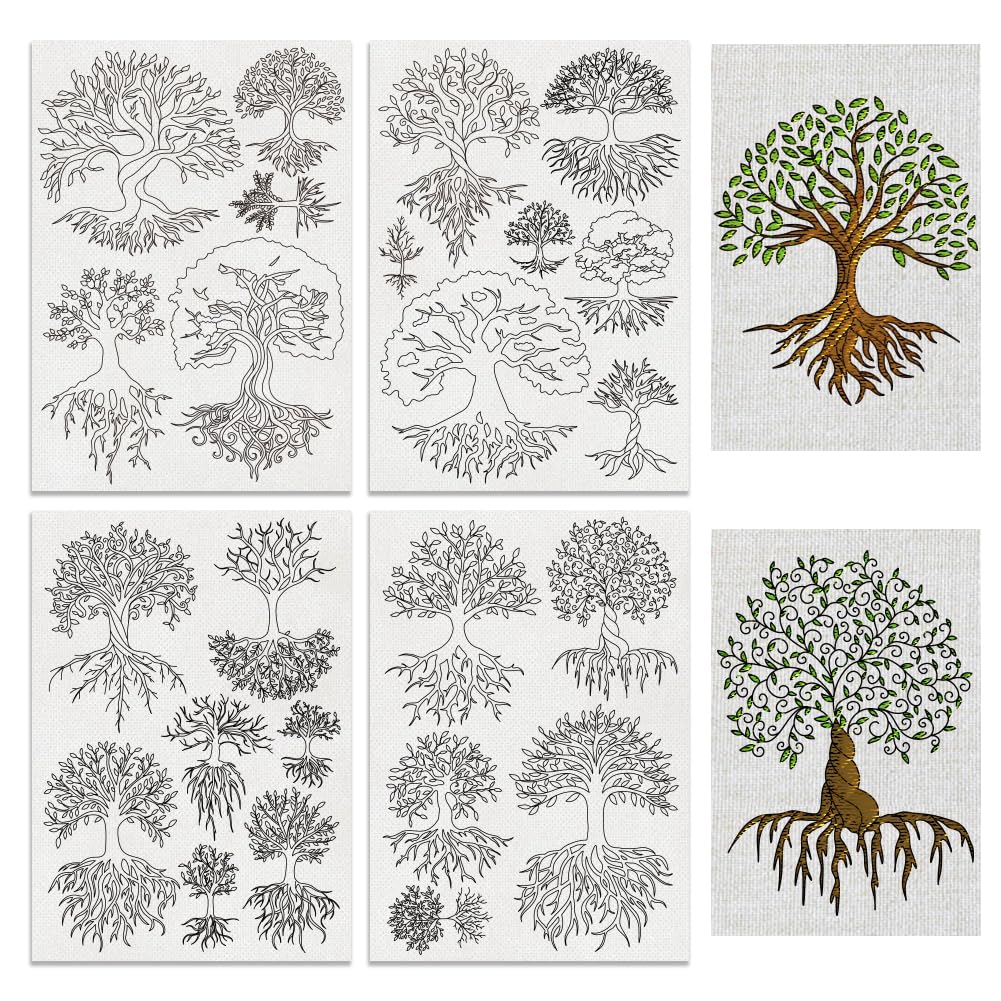 BENECREAT 4Sheets 24Pcs Trees of Life Water Soluble Embroidery, 29.7x21cm Branches Leaves Stick and Stitch Embroidery Paper Stabilizer for Shirts, Coats, Bags