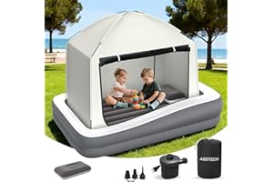 ABDTECH Inflatable Toddler Travel Bed with Tent - Kids Air Mattress with High-Speed Pump - Portable Blow Up Air Cribs with Safety Sides & Carry Bag - Lightweight Camping Tent for Outdoor - khaki & Grey 67inch