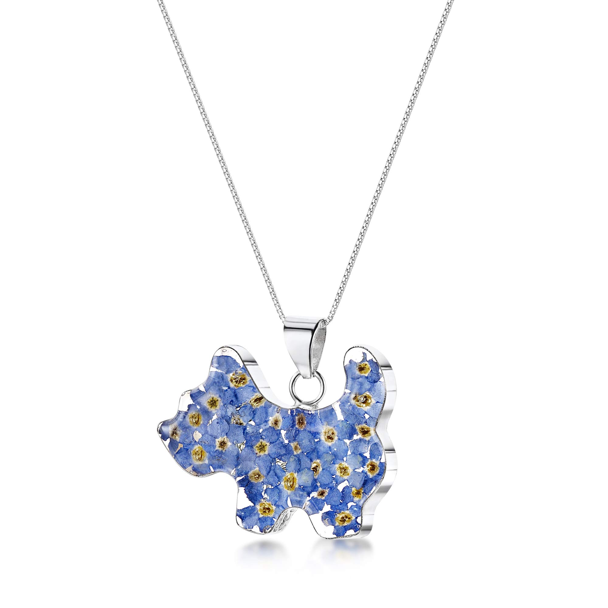 Shrieking Violet 925 Sterling Silver Scottish Terrier Dog Real Flower Pendant Necklace - Forget-Me-Not (Blue)