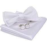 GUSLESON Mens Solid Color Two Layer Pre-tied Bow Tie and Pocket Square Cufflink Set with Gift Box