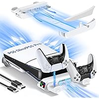 PS5 Slim/Pro Horizontal Cooling Stand for Disc & Digital, Dual Controller Charger with 3-Level Cooling Fan, PS5 Stand for Pro