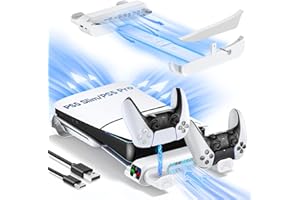 PS5 Slim/Pro Horizontal Cooling Stand for Disc & Digital, Dual Controller Charger with 3-Level Cooling Fan, PS5 Stand for Pro