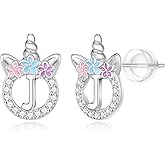 925 Sterling Silver Unicorn Earrings, 14K Gold/Rose Gold/Silver/Unicorn Earrings for Girls Kids Toddler Little Girls Hypoallergenic Letter Initial Earrings for Girls Christmas Gifts
