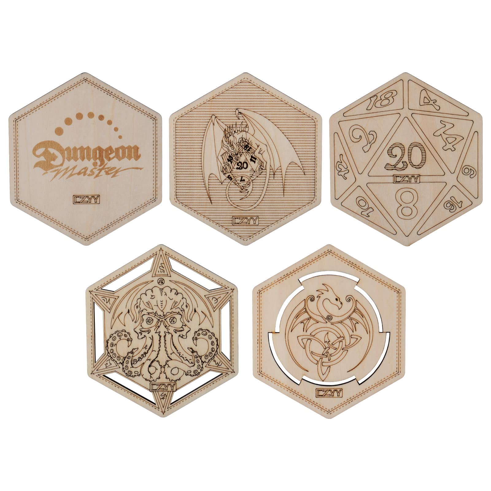 DND Decorative Wood Coasters Cool & Unique Table Mug Cup Mats Laser Engraved with Dragon, D20 and Cthulhu (Set of 5)