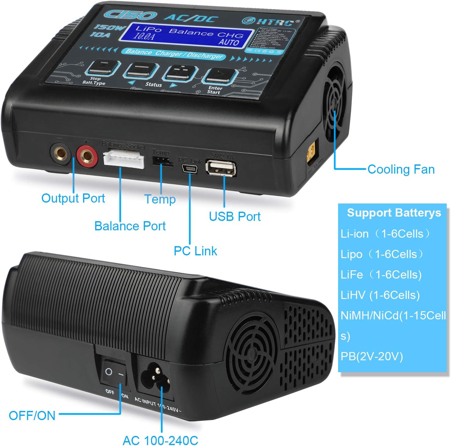 LiPo Charger,Battery Balance Charger Discharger 150W 10A AC/DC for Li-ion/Life/NiCd/NiMH/LiHV/PB/Smart Battery(Battery Charger Adapter): Toys & Games