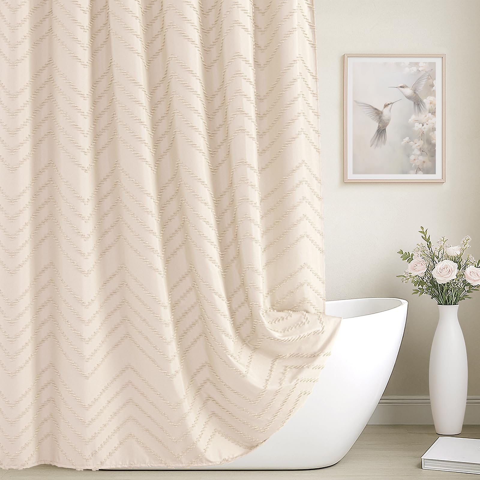 Photo 1 of Cream Shower Curtain Boho Farmhouse Shower Curtain 72”W x 72”L Tufted Chevron Textured Minimalist Shower Curtains for Bathroom