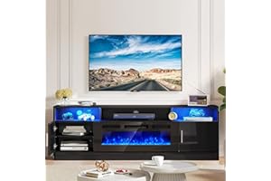 Breezestival 70" Fireplace TV Stand with Two Hinged Doors for TVs UP to 80", Electric Fireplace Entertainment Center with LED Lights & Storage Cabinets, TV Console for Living Room, Black