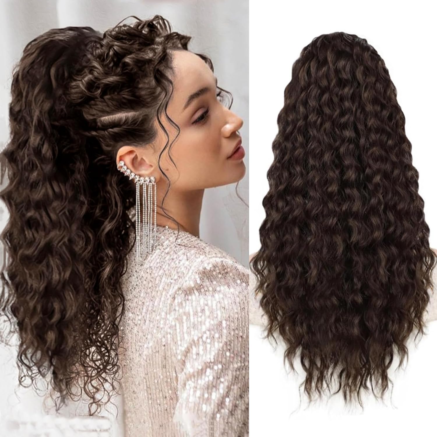 colorfulpanda Long Drawstring Curly Ponytail Hair Piece for African, American Ponytail Extension Synthetic Hair Afro Kinky Curly Ponytail with Clip in Hairpiece for Women,18 inch(Dark Bown 4#)