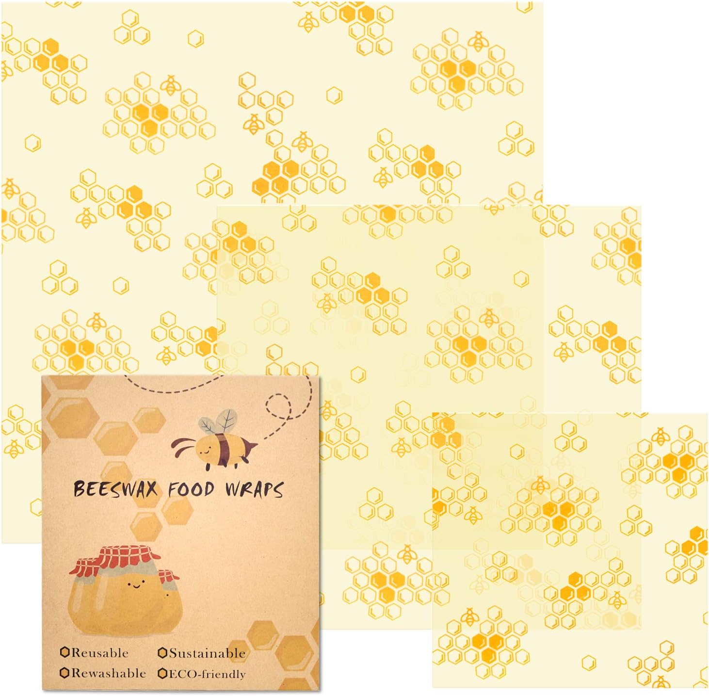 Reusable Beeswax Food Wrap 3-Pack, JONYJ Eco-Friendly Reusable Sandwich Wraps, Plastic Alternative Sustainable Organic Food Storage Wrap for Cheese, Fruit, Bread, Snacks - 1 Large, 1 Medium, 1 Small